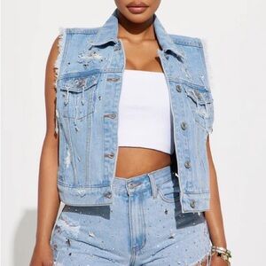 NWT Fashion Nova Oh So Icy Embellished Trucker Vest Light Blue Wash